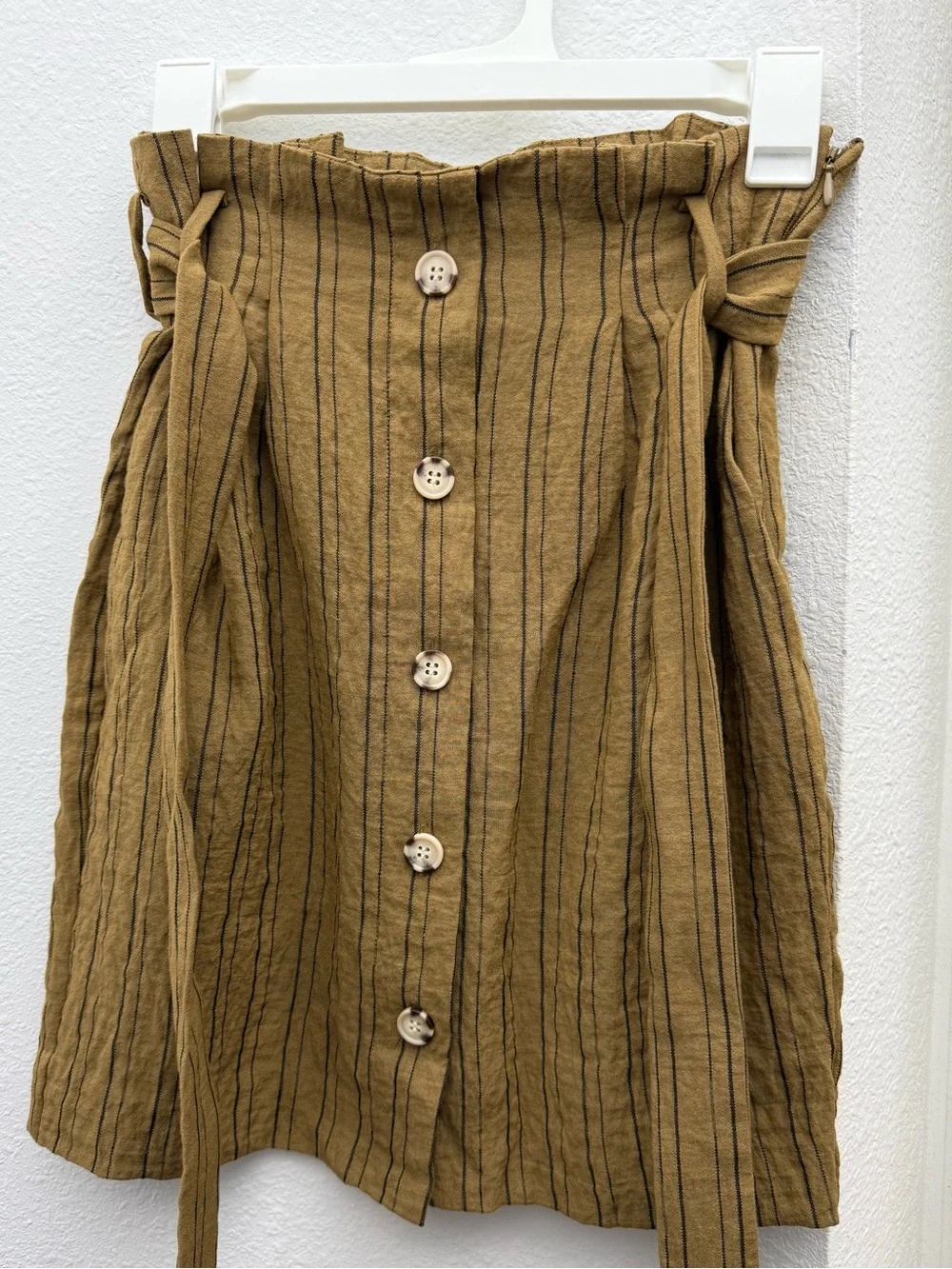 H&M Rust Brown Striped Paperbag Mini Skirt Button Front Tie Waist Sz 4